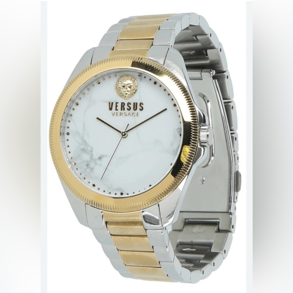 Versus Versace Stainless Steel Gold Tone Lion Head White Marble Dial Women Watch